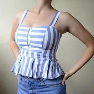 Peplum lace up blue & white top